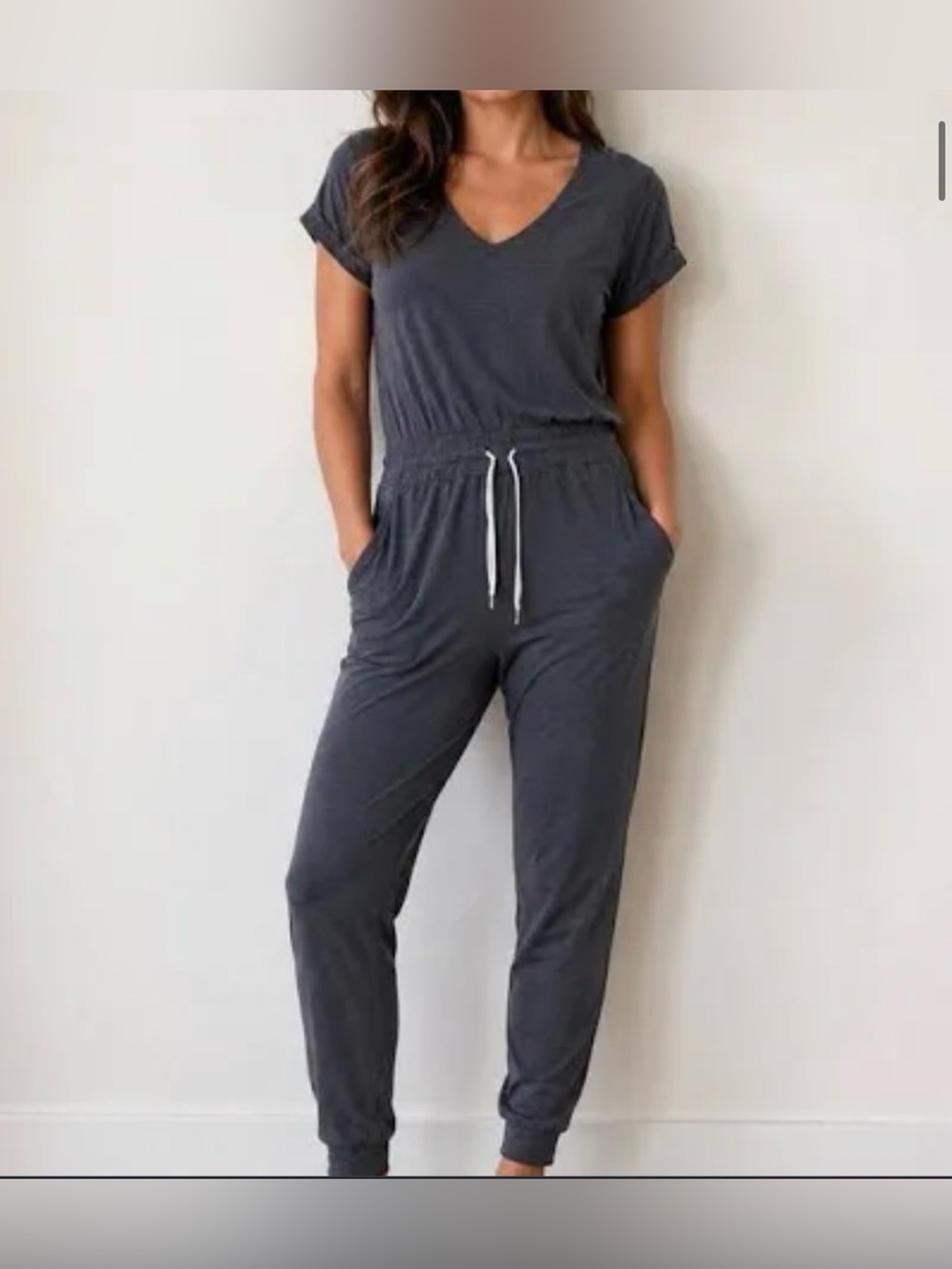 Vuori All Day Jumpsuit Charcoal Heather Gray Short Sleeve Jogger V-Neck Size M